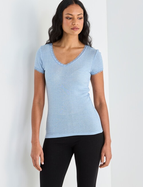 Essence Thermals Merino Cotton Lace Trim Short Sleeve Top, Light Blue, 10-18 product photo View 05 L