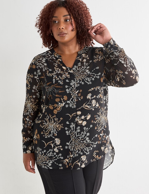 Studio Curve Longline Woodland Print Shirt, Black Print product photo