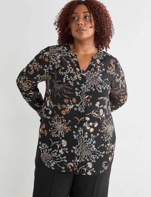 Studio Curve Longline Woodland Print Shirt, Black Print product photo View 05 L