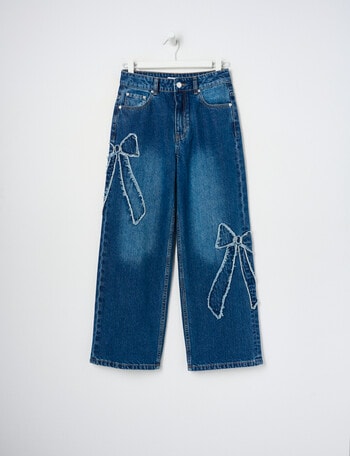 Switch Applique Bows Harlow Wide Leg Jean, Mid Blue product photo