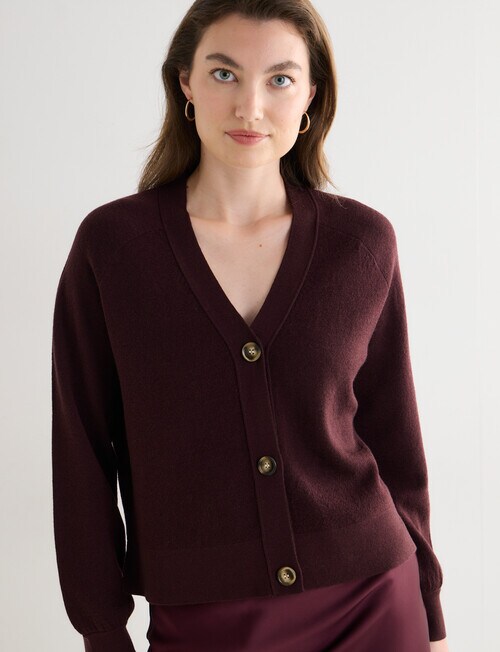 North South Merino Cropped Cardigan, Raisin - Knitwear