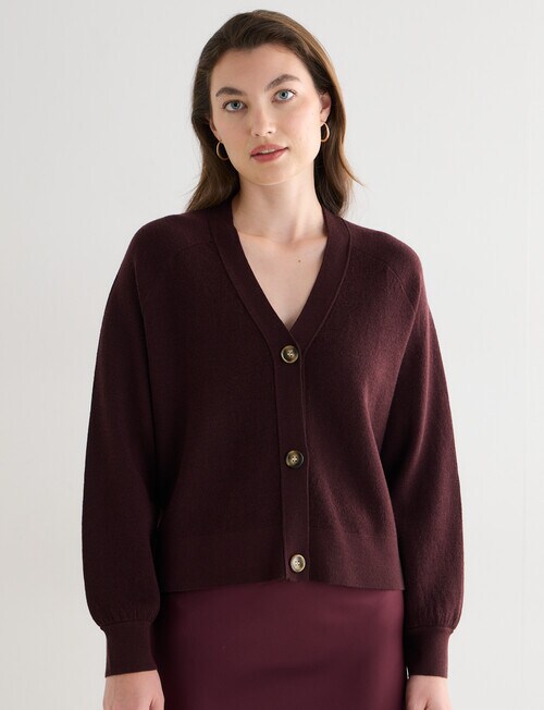 North South Merino Cropped Cardigan, Raisin - Knitwear