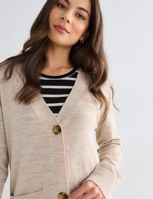 North South Merino Medium Length Cardigan, Biscuit Melange product photo