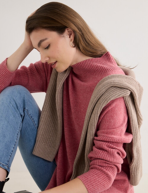 North South Merino Mock Neck Rib Sweater, Carmine Marle product photo View 07 L