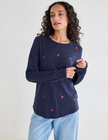 Zest Organic Cotton Heart Embroidered Long Sleeve Tee, Navy product photo