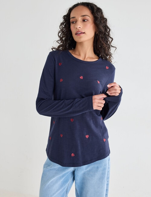 Zest Organic Cotton Heart Embroidered Long Sleeve Tee, Navy product photo