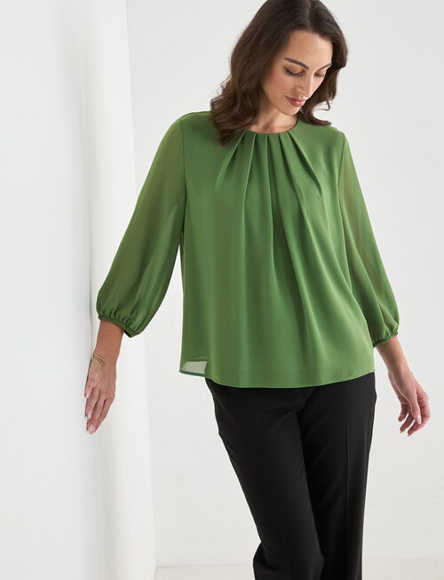 Oliver Black Three Quarter Sleeve Pleat Neck Top, Conifer product photo