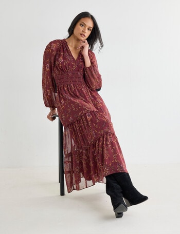 Whistle Floral Shirred Waist Midi Dress, Deep Plum product photo