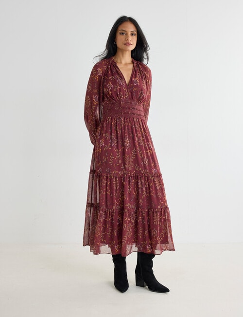 Whistle Floral Shirred Waist Midi Dress, Deep Plum product photo View 03 L