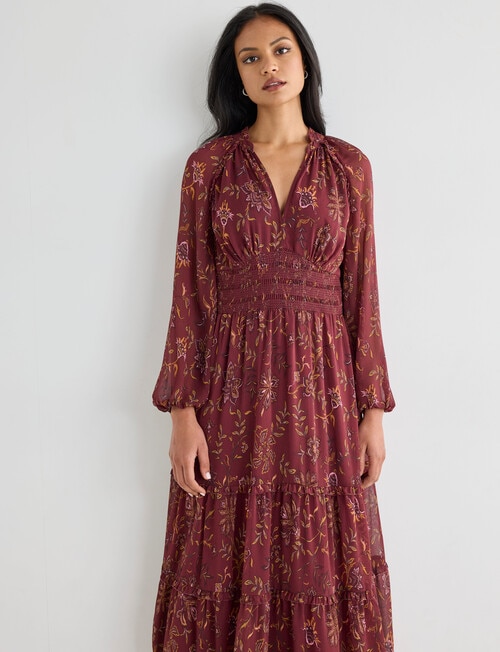 Whistle Floral Shirred Waist Midi Dress, Deep Plum product photo View 04 L