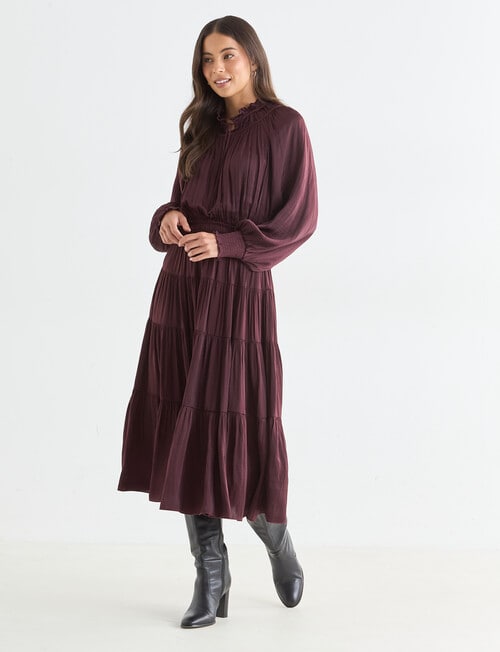 Whistle Satin Tiered Midi Dress, Dark Cherry product photo