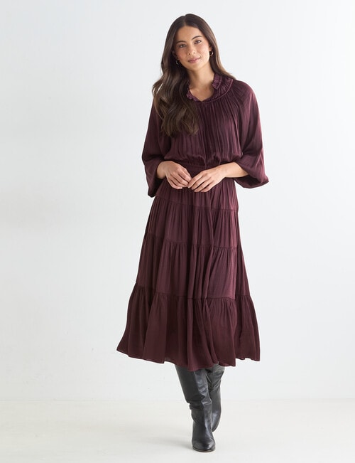 Whistle Satin Tiered Midi Dress, Dark Cherry product photo View 03 L