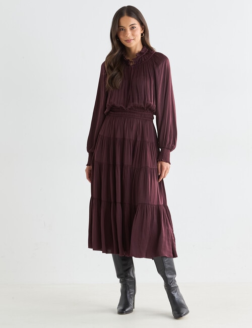 Whistle Satin Tiered Midi Dress, Dark Cherry product photo View 05 L