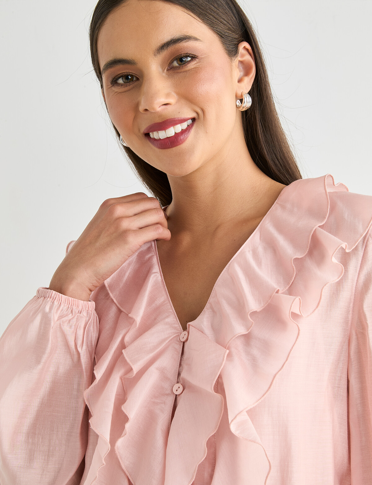 Whistle Long Sleeve Frill Top, Blush - Tops