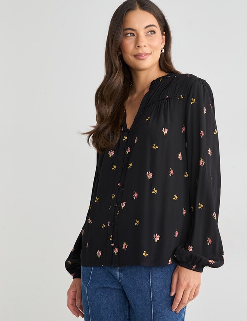 Whistle Long Sleeve Gather Top, Floral Black product photo