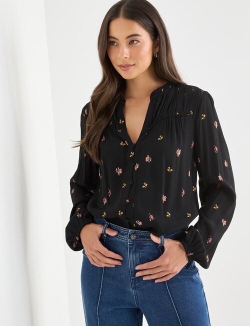 Whistle Long Sleeve Gather Top, Floral Black product photo View 07 L