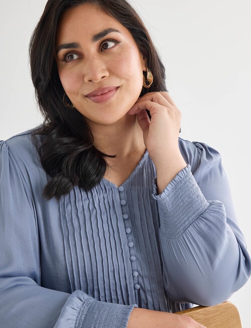 Studio Curve Pintuck Button Front Top, Steel Blue product photo