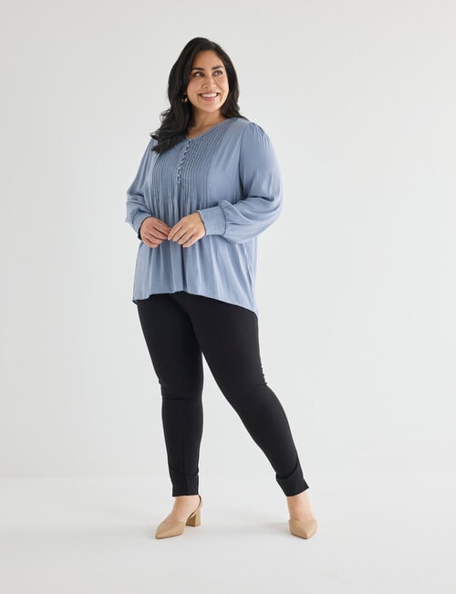 Studio Curve Pintuck Button Front Top, Steel Blue product photo View 03 L
