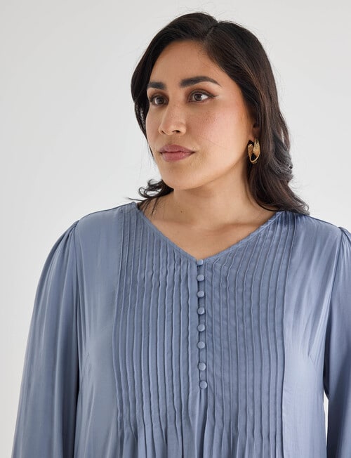 Studio Curve Pintuck Button Front Top, Steel Blue product photo View 04 L
