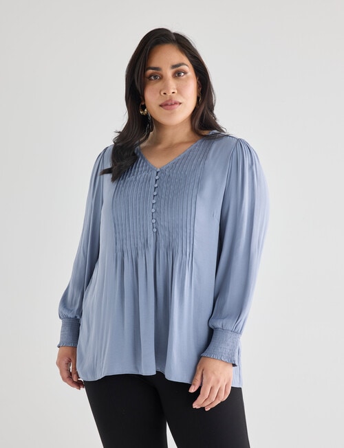 Studio Curve Pintuck Button Front Top, Steel Blue product photo View 05 L