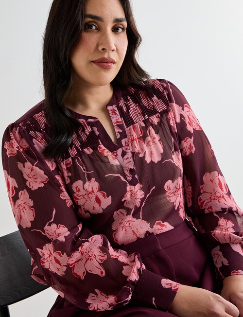 Studio Curve Shirred Flower Print Blouse, Cherry Lacquer product photo