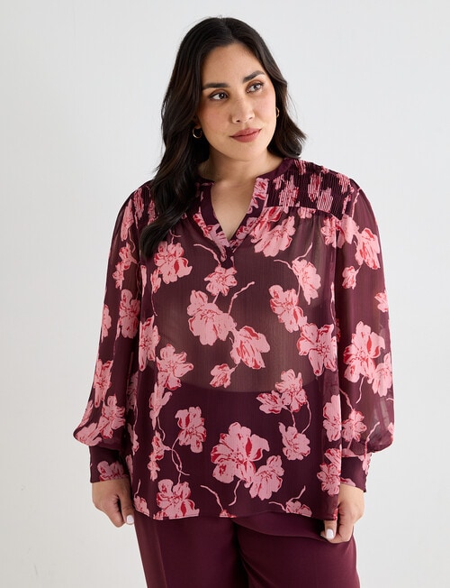 Studio Curve Shirred Flower Print Blouse, Cherry Lacquer product photo View 05 L