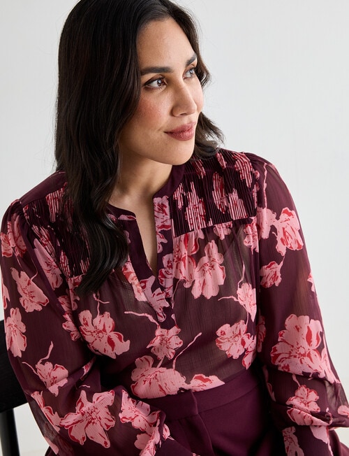Studio Curve Shirred Flower Print Blouse, Cherry Lacquer product photo View 06 L