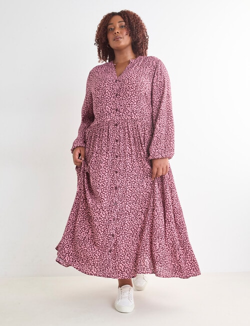 Studio Curve Retro Animal Button Front Tiered Dress, Pink product photo