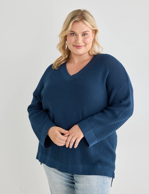 Studio Curve V-Neck Herringbone Jumper, Teal product photo View 04 L