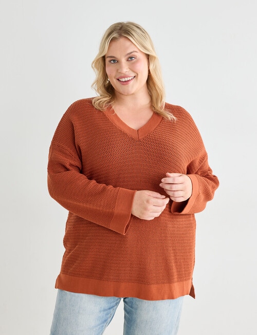 Studio Curve V-Neck Herringbone Jumper, Rust product photo