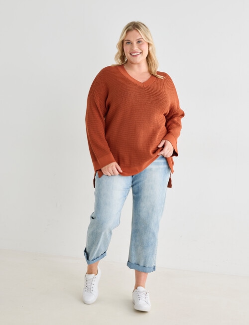 Studio Curve V-Neck Herringbone Jumper, Rust product photo View 03 L