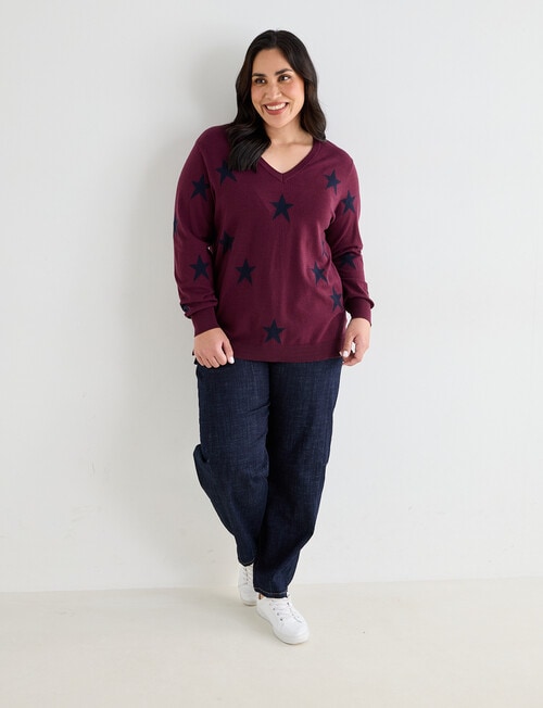 Studio Curve V-Neck Star Sweater, Cherry Lacquer product photo View 03 L