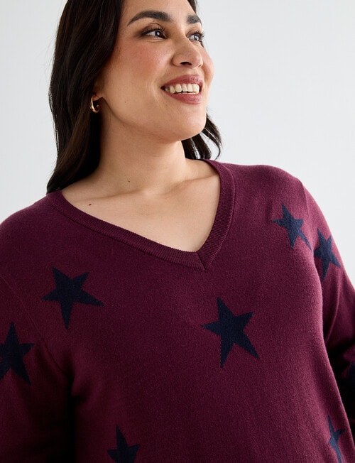 Studio Curve V-Neck Star Sweater, Cherry Lacquer product photo View 04 L