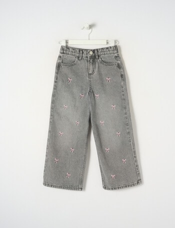 Mac & Ellie Embroidered Bows Wide Leg Jean, Grey product photo