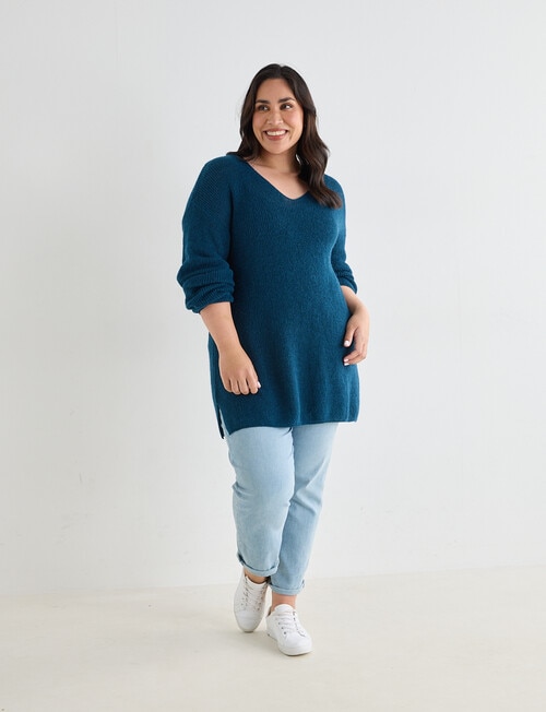 Studio Curve V-Neck Jumper with Side Splits, Deep Teal product photo View 03 L