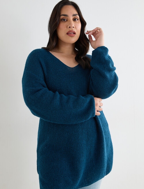Studio Curve V-Neck Jumper with Side Splits, Deep Teal product photo View 04 L