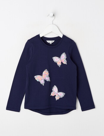 Mac & Ellie Sequin Butterflies Long Sleeve Tee, Navy product photo
