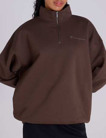Champion Legacy Tonal Script Quarter Zip Crew Sweatshirt, Warm Chocolate Brown product photo