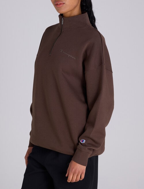 Champion Legacy Tonal Script Quarter Zip Crew Sweatshirt, Warm Chocolate Brown product photo View 02 L