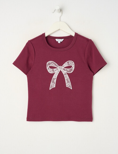 Switch Lace Bow Short Sleeve Baby Tee, Red Velvet product photo