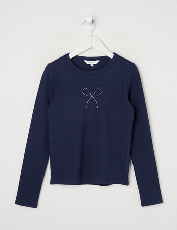 Switch Studded Bow Emma Long Sleeve Rib Tee, Navy product photo