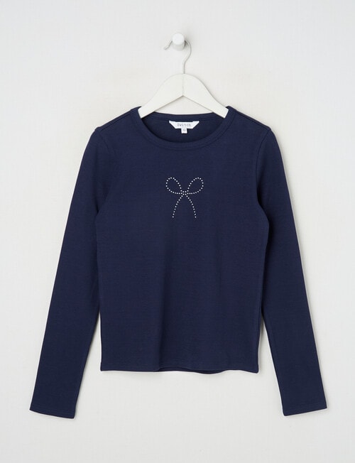 Switch Studded Bow Emma Long Sleeve Rib Tee, Navy product photo