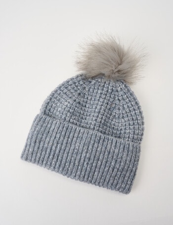 Boston + Bailey Puff Stitch Pompom Beanie, Grey Marle product photo