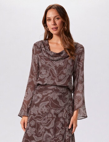 Vero Moda Maira Long Sleeve Drape Neck Blouse, Chocolate Plum product photo