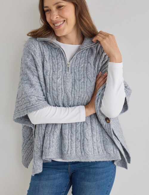 Boston + Bailey Cable Zipped Poncho, Grey Marle product photo