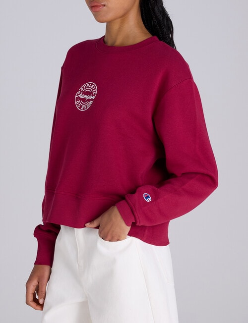 Champion Legacy Varsity Graphic Crew Pullover, Cranberry Tart product photo View 02 L