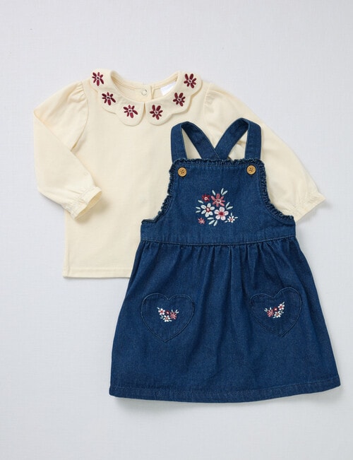 Teeny Weeny Boot Scooting Denim Pinny & Long-Sleeve Tee Set, 2-Piece, Blue & Cream product photo View 03 L