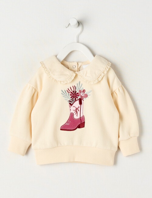Teeny Weeny Boot Scooting Play Fleece Frill Collar Sweatshirt, Beige product photo