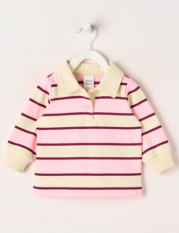 Teeny Weeny Boot Scooting Play Long Sleeve Stripe Polo Shirt, Pink & Cream product photo