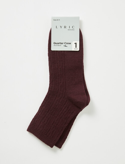 Lyric Wool Blend Cable Quarter Crew Sock, 1-Pack, Burgundy product photo View 02 L